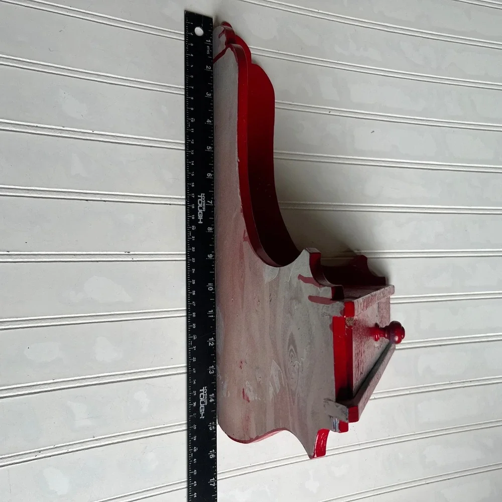 Vintage Red Crackle Wood Corner Shelf with Drawer Wall Hanging Scalloped
